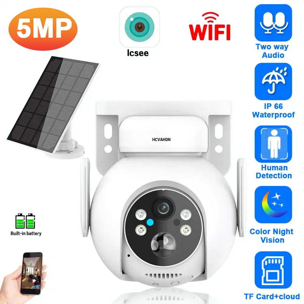 5MP HD WiFi Solar Camera Outdoor PTZ IP Camera Bulit-in Recharge Battery Human Detection CCTV Video Surveillance Camera iCsee