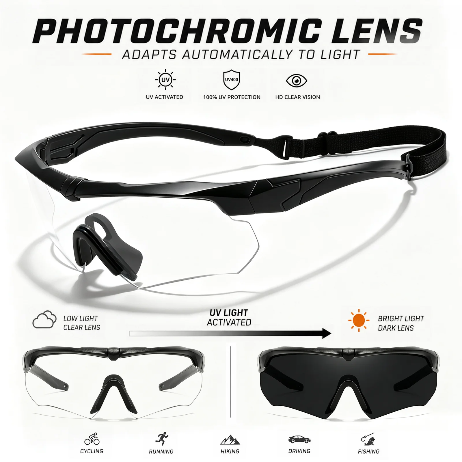 Photochromic Sports Protective Sunglasses, Wrap-around Comfort Eyewear for Daily Leisure, Motorcycle Cycling, Hunting & Outdoor