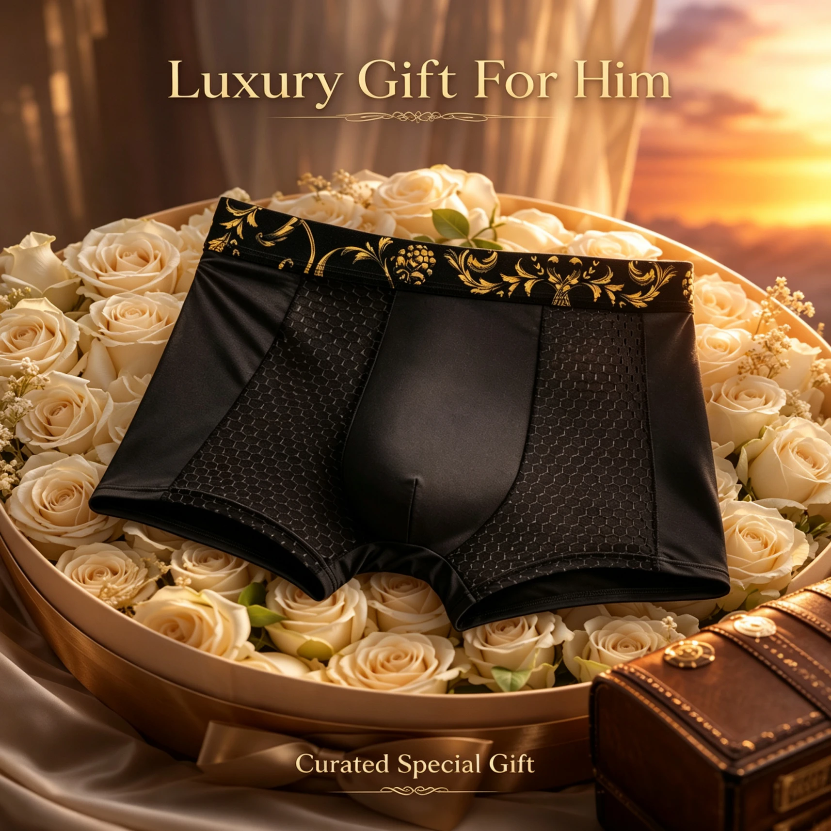 Luxury Style Men Ice Silk Boxer Briefs Gold Printed Waistband Mesh Breathable Anti Chafe Underwear Gift for Daily Gym 1 3Pcs Set