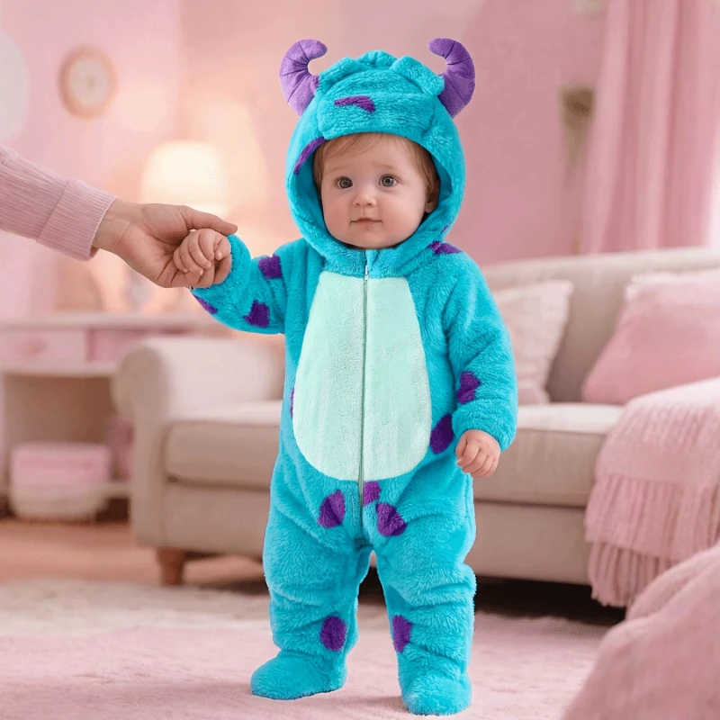 Cute Blue Monster Baby Romper Purple Horns Dots Zip Up Hooded Fleece Jumpsuit Infant Toddler Bodysuit Cosplay Costume Outfit