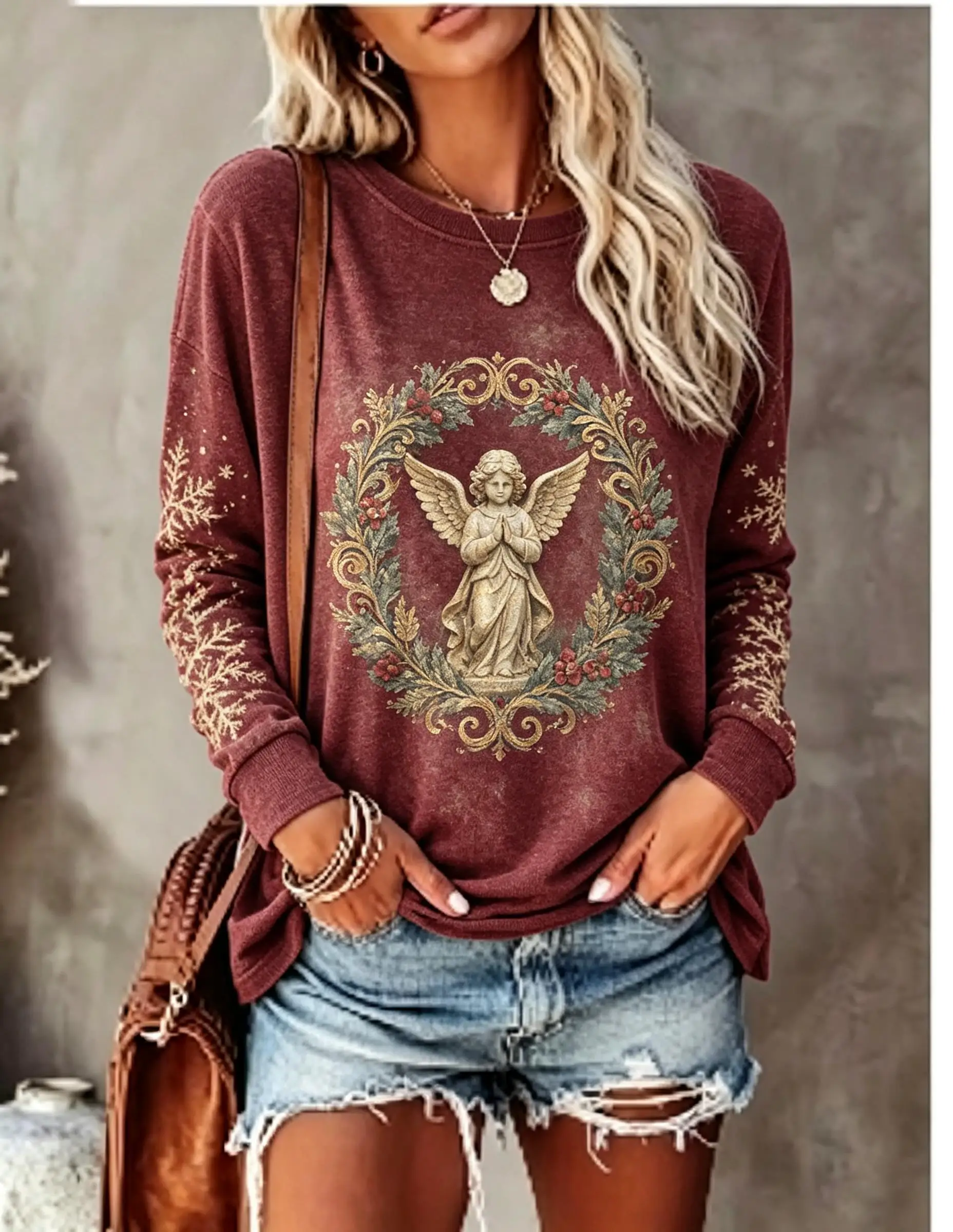 Women Christmas Long Sleeve T‑Shirt Vintage Angel Bell Wreath Bow Ornate Print Crew Neck Tops