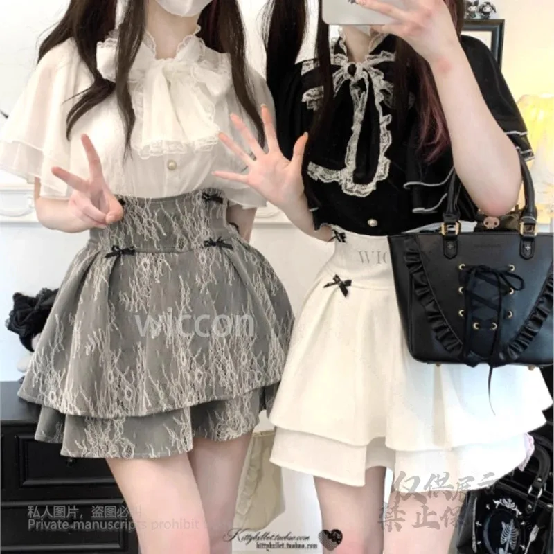 Y2K Jirai Kei Mine النمط الياباني Kawaii ملابس الدانتيل لوليتا فستان موضة قصيرة الأكمام القوس قميص النساء الفتيات حفلة مخصصة