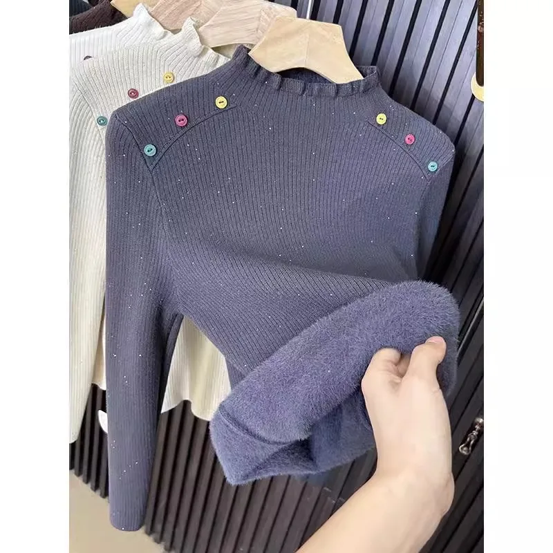 Pull en tricot à col montant une pièce Thiened Color f pour femme, nouveau modèle d'hiver, bouton intérieur