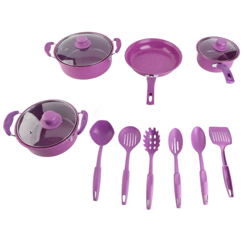 

Набор посуды из 13 предметов с антипригарным покрытием из медицинского камня, эргономичные ручки, включает кастрюлю для молока, супницу, сковороду, казан