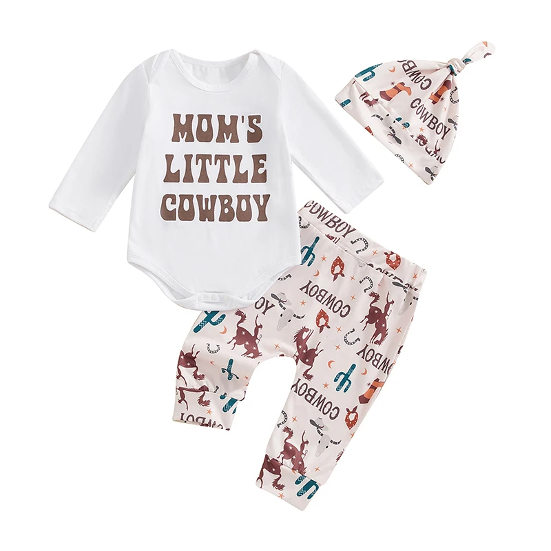 Western Baby Boy Clothes Mom's Little Cowboy Long Sleeve Romper Cowboy Cactus Long Pants Hat 3Pcs Fall Outfit