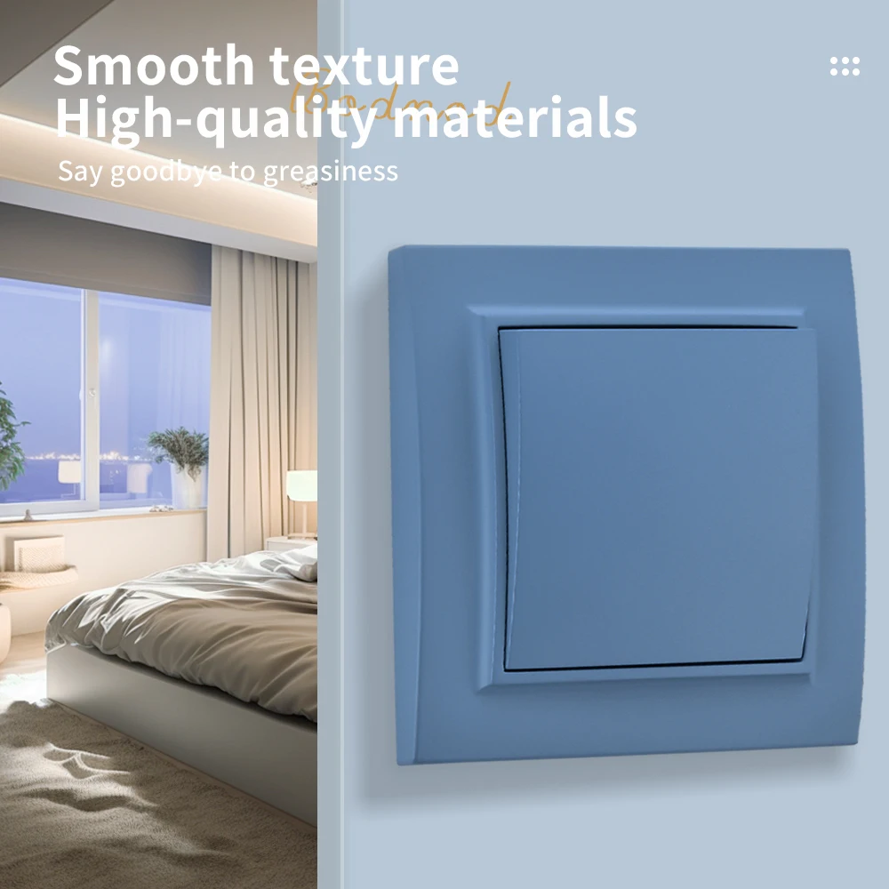 Interruttore della luce del pulsante Standard ue ignifugo blu interruttore a bilanciere a parete AC classico con pannello in plastica Spray On/Off pannello a 1 via