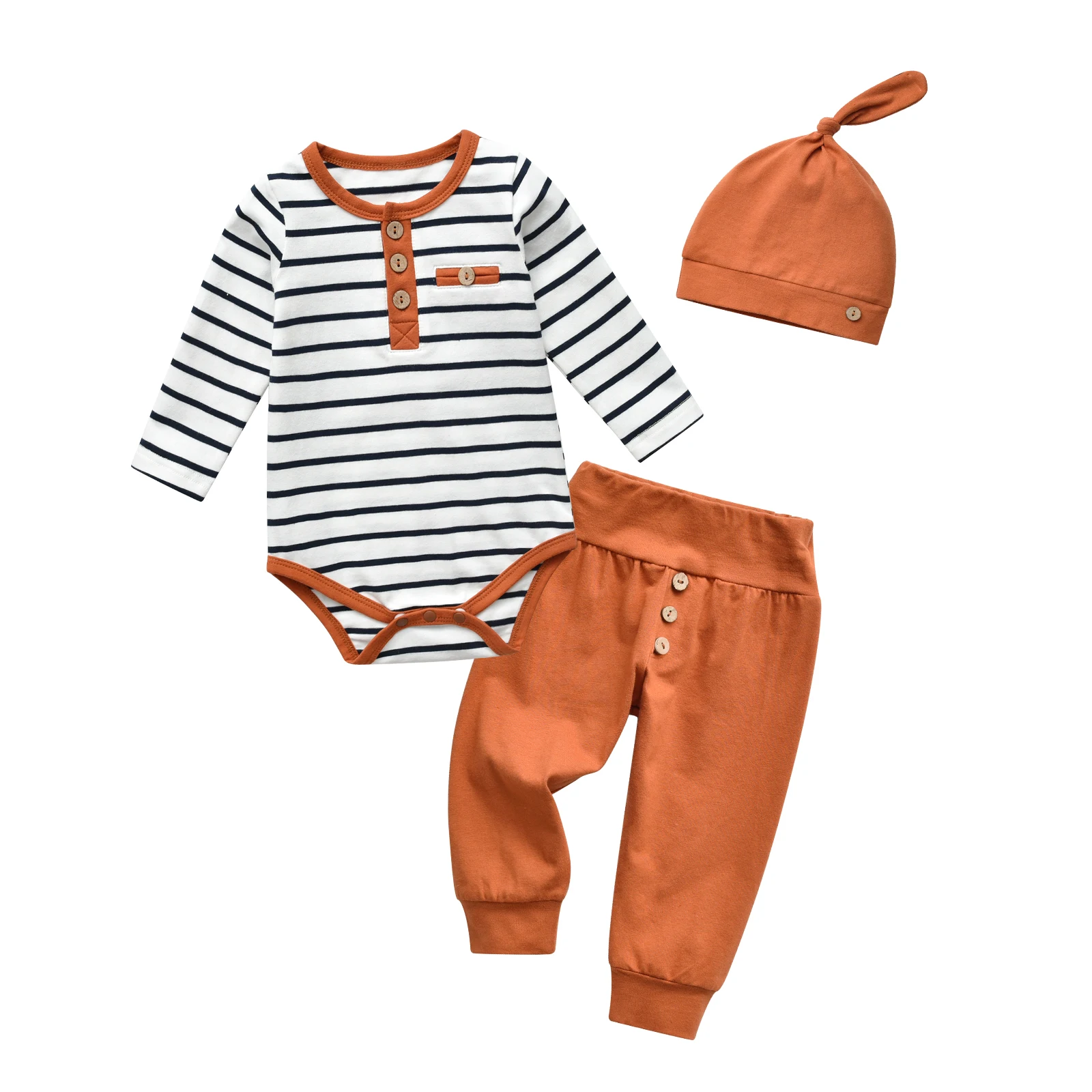 New Fashion Newborn infant Baby Boy Long Sleeve 3PCS Clothes Set Striped Romper Bodysuit Top + Pants + Cap Outfit for Boys