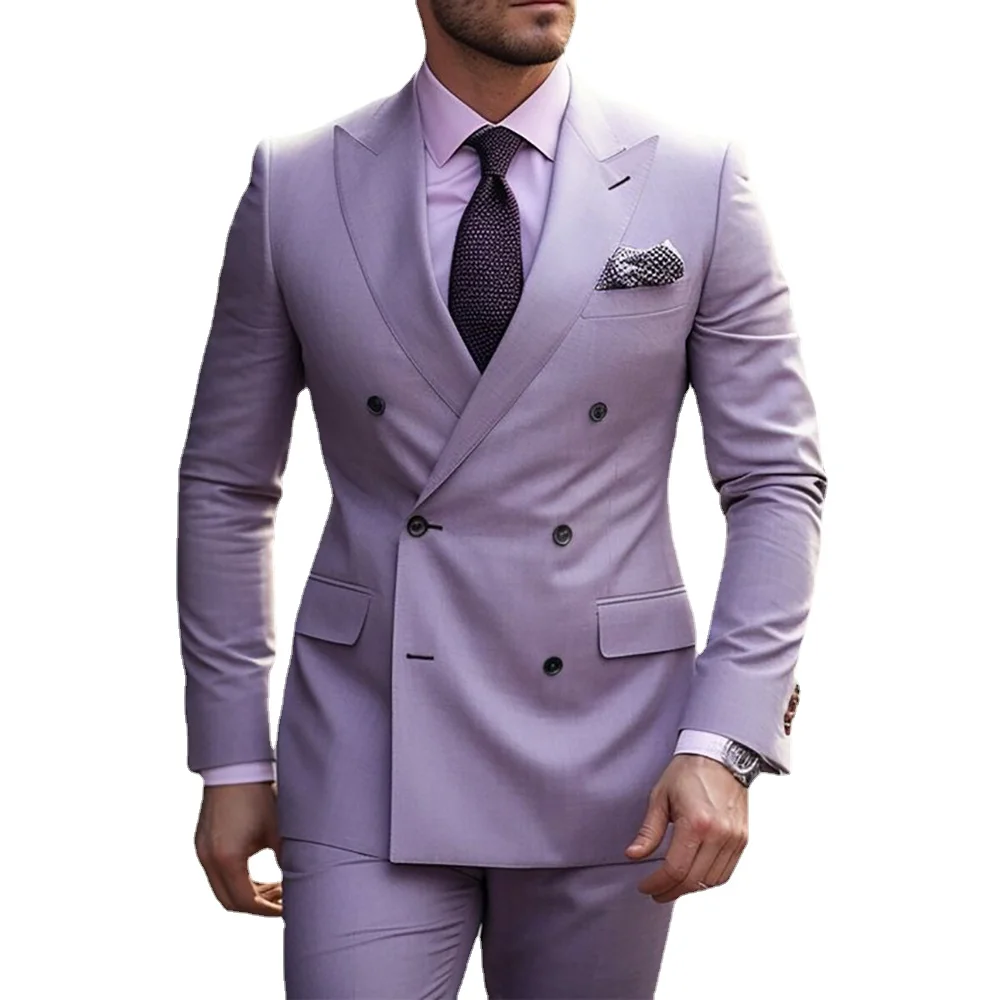 Elegant Purple Men\'s Suits Double Breasted Peak Lapel Formal Wedding Prom Party Outfits 2 Piece Jacket Pants Set Custom Made