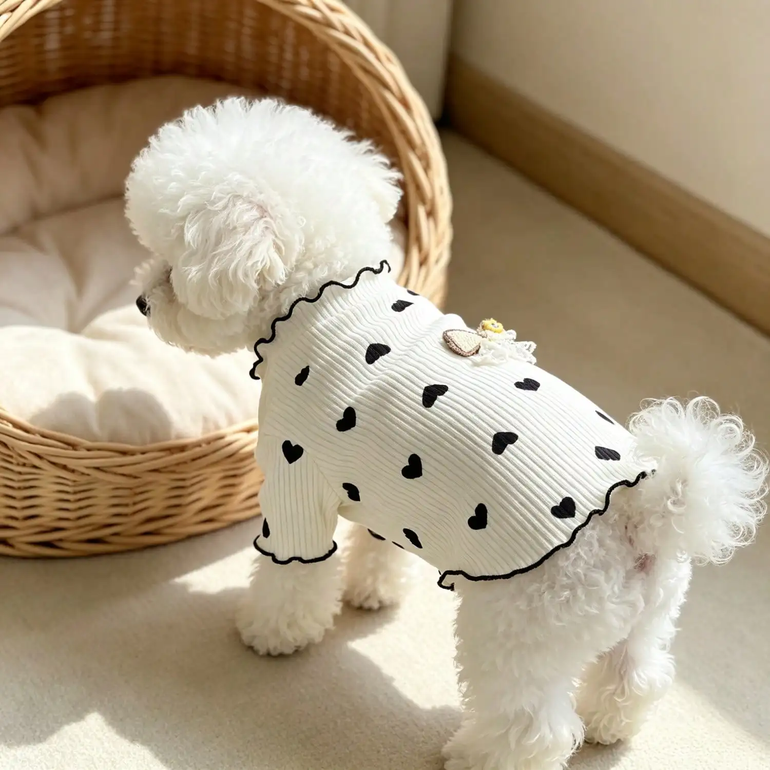 1 Stück geripptes Oberteil mit Herzmuster für kleine Hunde mit Spitzenschleife, lässiges Haustier-Shirt – Detail 22