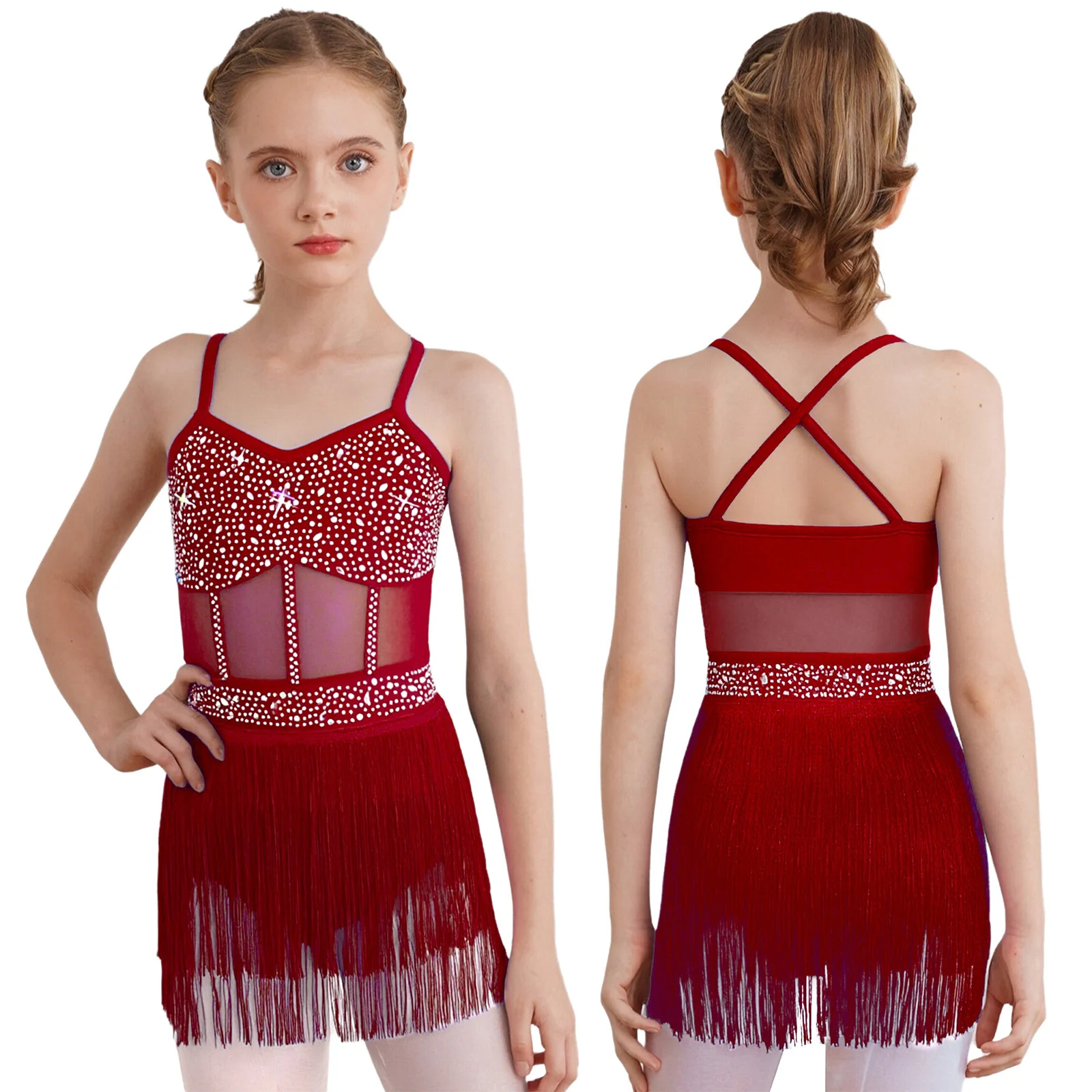 Crianças meninas latina jazz dança collant vestido brilhante strass pura malha borla bodysuit para tango cha-cha samba rumba salão de baile