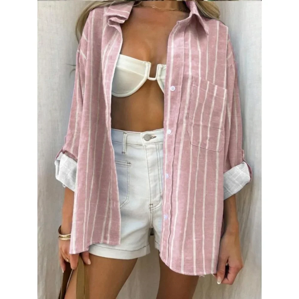 

Plus Size 1XL-5XL Spring Summer Women's Long Sleeved Striped Shirts Women Casual Lapel Tops Shirt