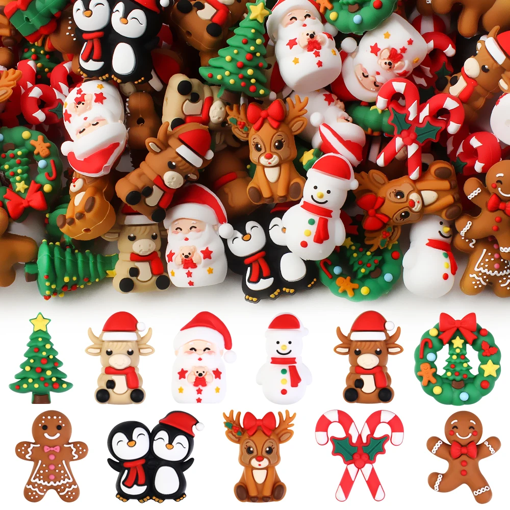5/10/20/50PCS 3D Christmas Silicone Beads,Christmas Elk,Gingerbread,Snowman,Santa Claus ,Penguin,Christmas Tree Focal Beads