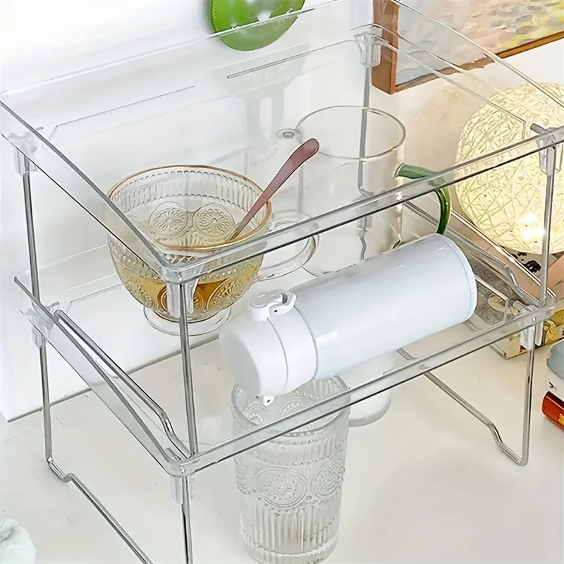 1 PC Clear Acrylic Desktop Organizer - Single-Layer, Foldable & Stackable Storage Solution for Kitchen, Office & More