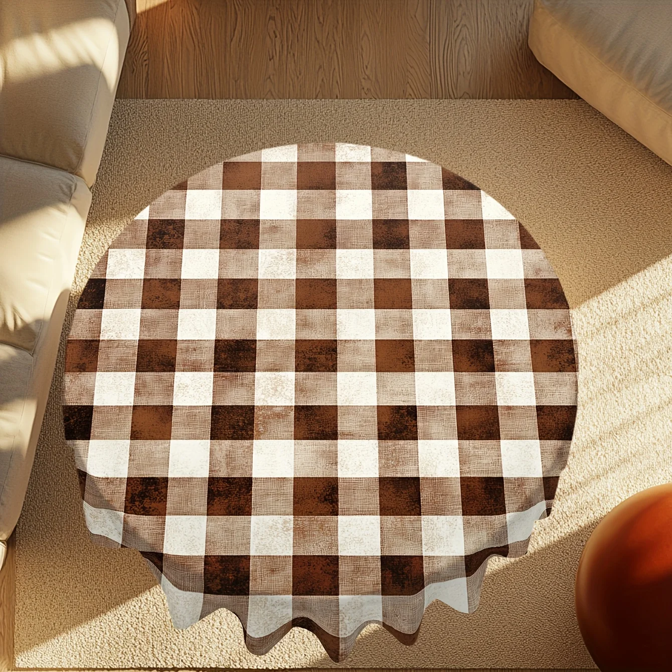 1 piece rustic brown checked denim checked round table cloth, polyester woven, suitable for home kitchens