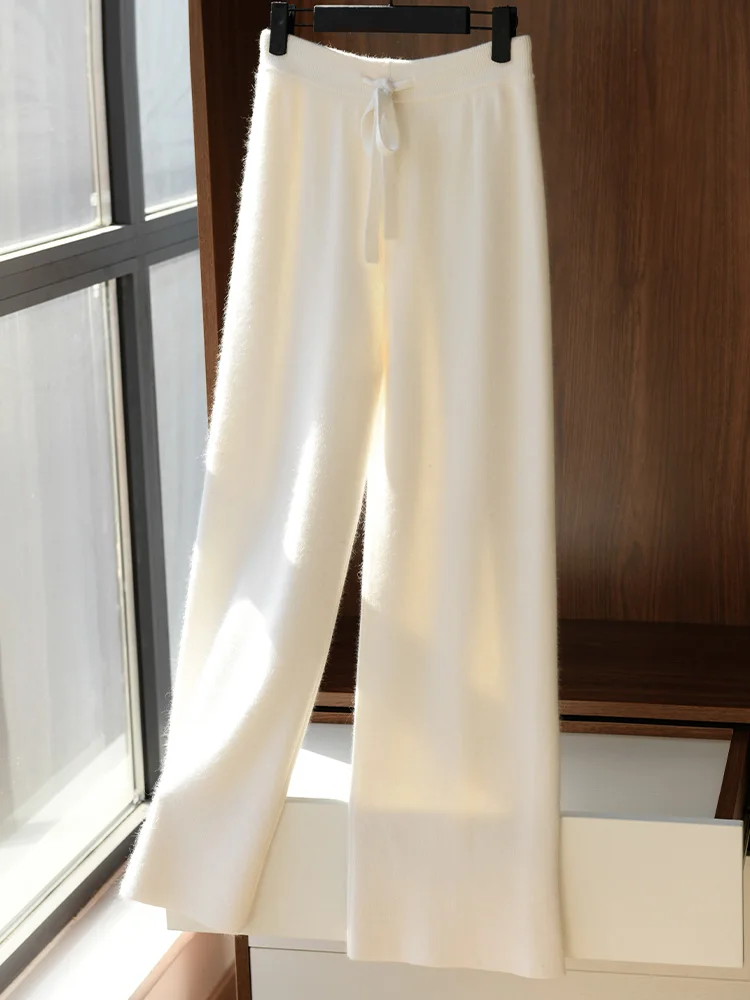 

100% Merino Wool Women Knitted Pants Elastic Waist Autumn Winter Wide Leg Trousers Casual Versatile Cashmere Korean Style Pants