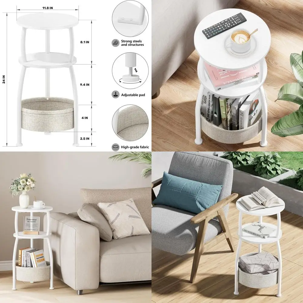 

Compact 3-Tier End Table with Storage Basket for Living Room, Bedroom, and Garden, 24in Tall, Matte White