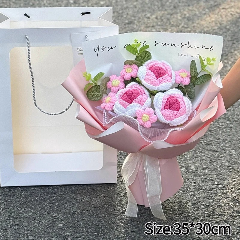 Bouquet Di Rose Rosse All'Uncinetto Fatto A Mano – 6 Fiori Con Foglie, Regalo Per San Valentino, Anniversario E Festa Della Mamma