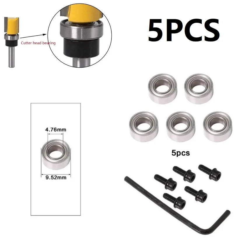 5pcs Inner 4.76 Outer 9.52mm Steel Router Bit Bearing Kit For Milling Head Holder Wrenches Power Tool Accessories