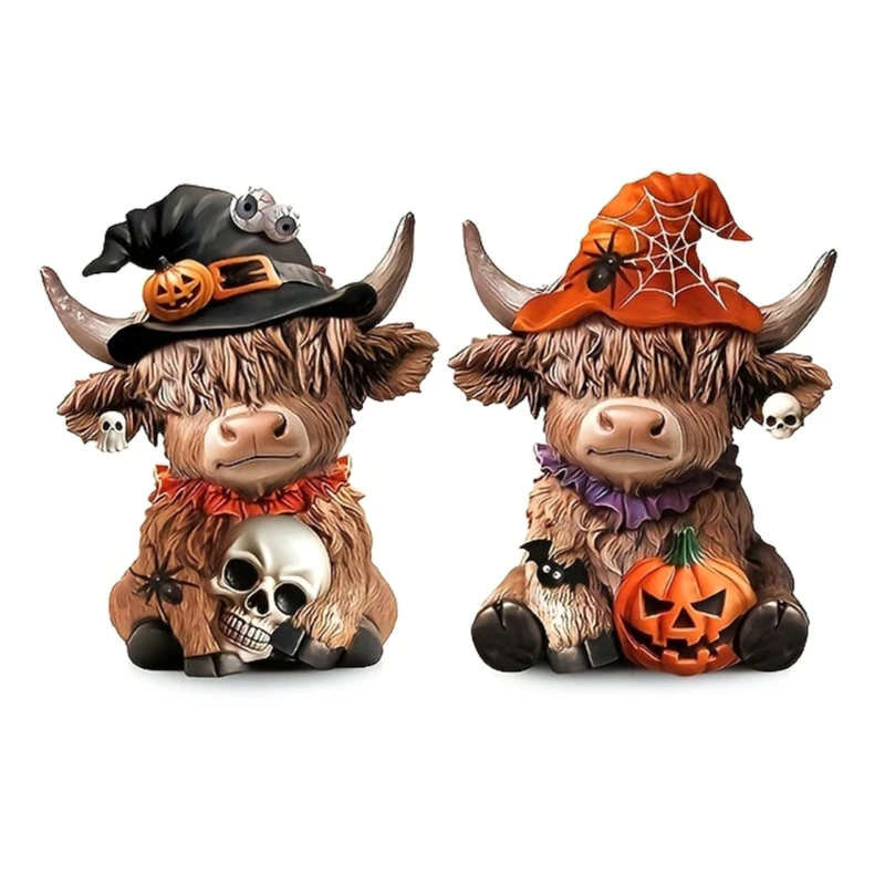 High Land Cow Holding Skull Pumpkin Resins Statue Halloween Home Table Decoration C7AC