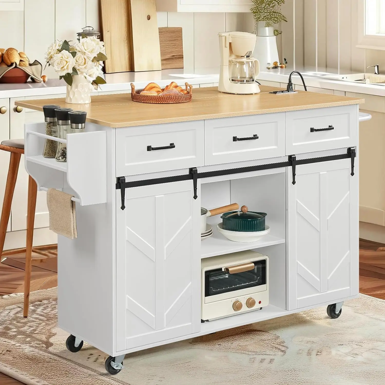 Rolling Kitchen Island Cart with Drop Leaf, Power Outlet, Barn Door, 3 Drawers, Large Countertop, White & Wood, Customized