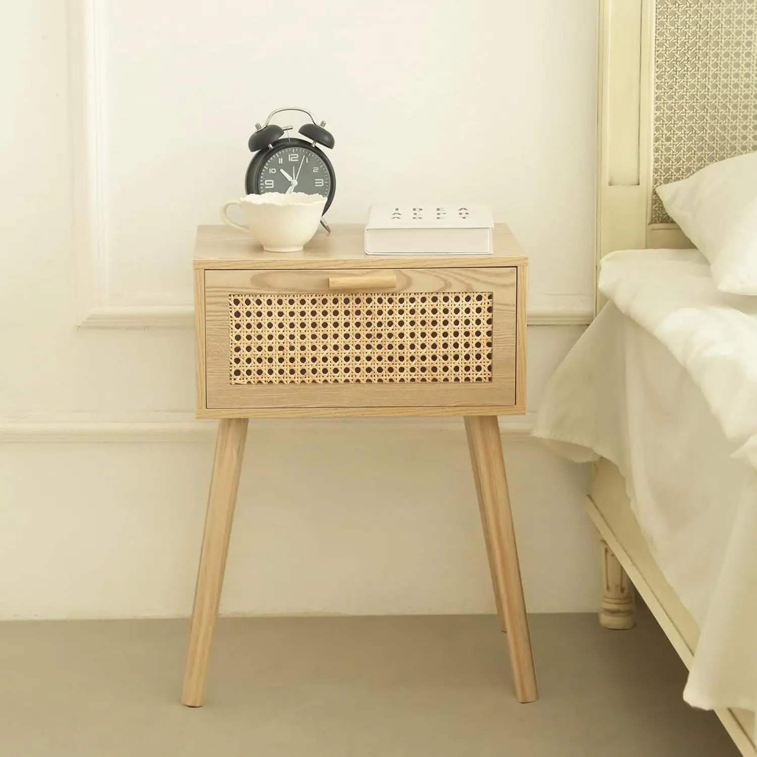 Rattan Nightstand with Drawer, Boho Wood End Table, Solid Wood Legs for Bedroom Living Room, Walnut