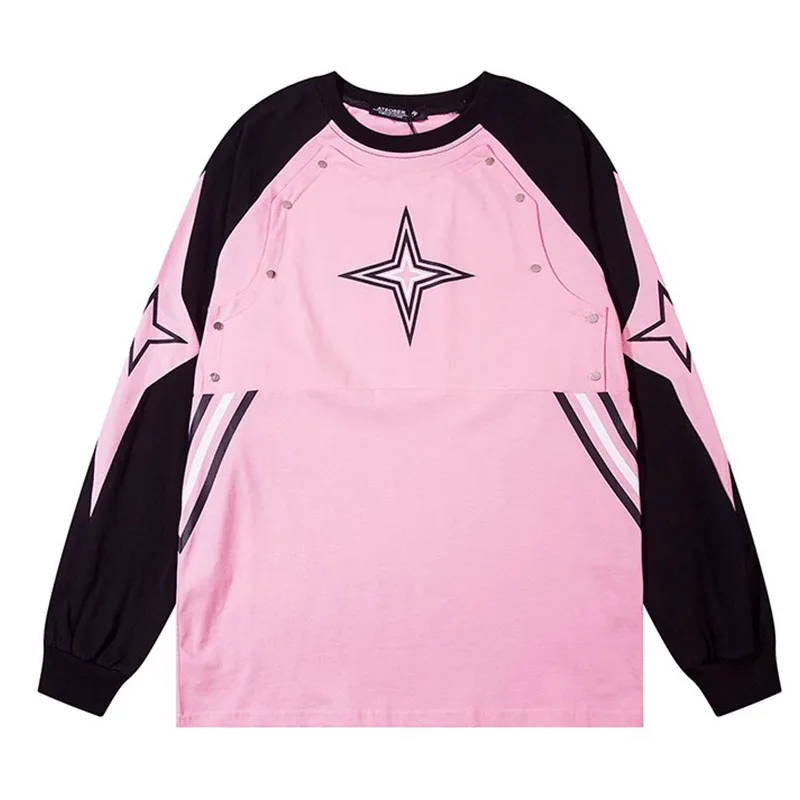 

Винтажные футболки большого размера с длинными рукавами, уличная одежда в стиле хип-хоп, повседневные футболки для мужчин в стиле пэчворк