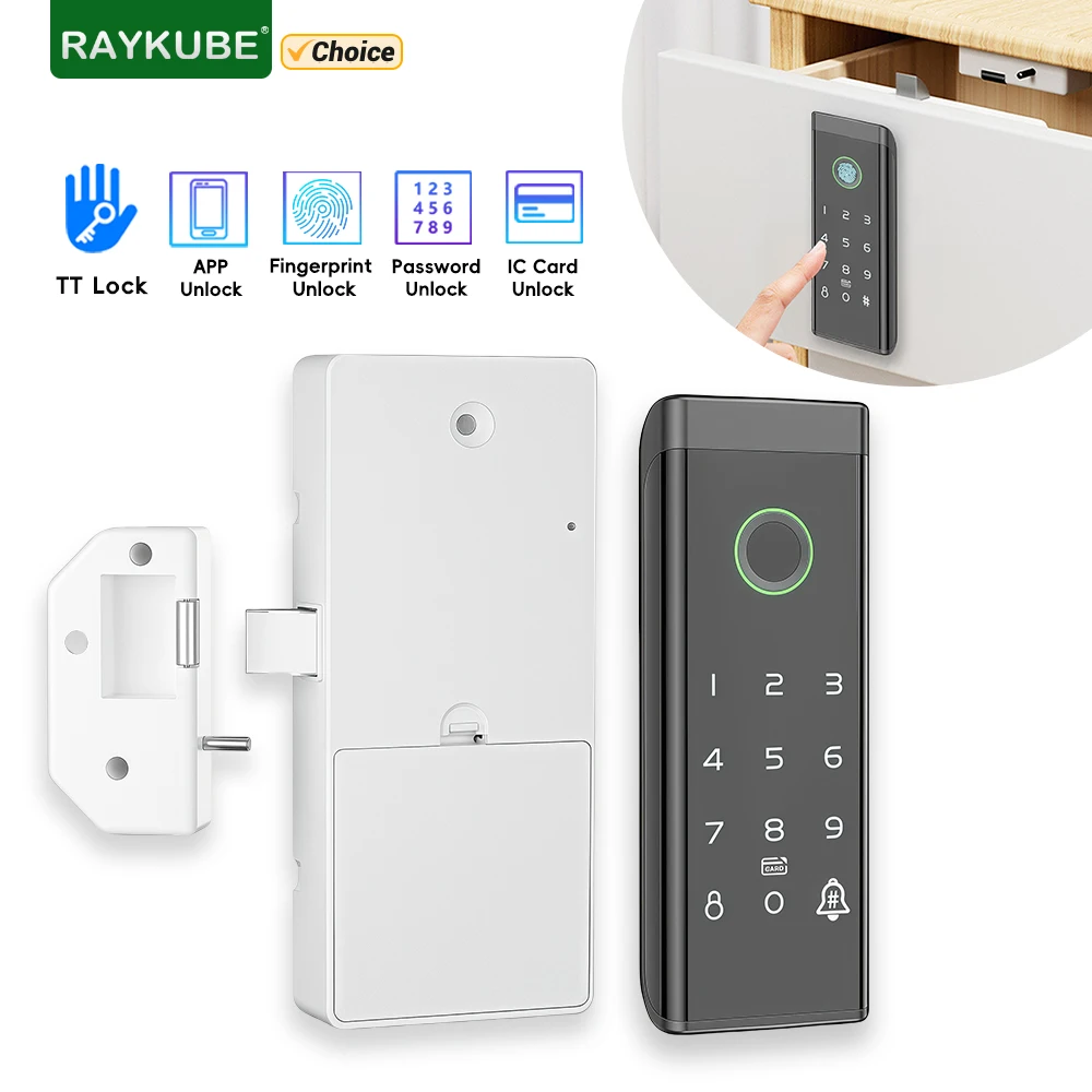 RAYKUBE TT Lock Bluetooth Keyless Intelligent Wooden Fingerprint Cabinet Lock Digital Electric Drawer Lock for Gym/Home EM182