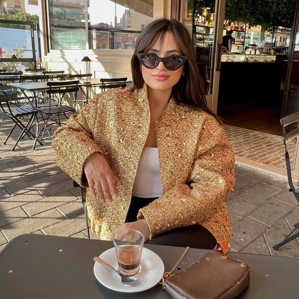 Suninheart Women\'s Sequined Bomber Jacket Fall O Neck Long Sleeve Gold Sequins Jacket Coat Female Glitter Chic Outerwear