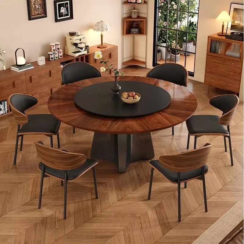 French Retro Wooden Round Table Antique Style Wooden Walnut Color Dining Table With Turntable For Household Dinner Table