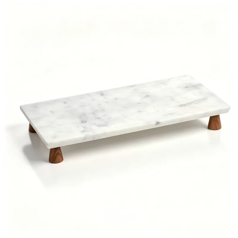 Natural Marble Serving Tray with Solid Acacia Wood Legs, Rectangle Decorative Stone Display Stand for Kitchen Bathroom Jewelry