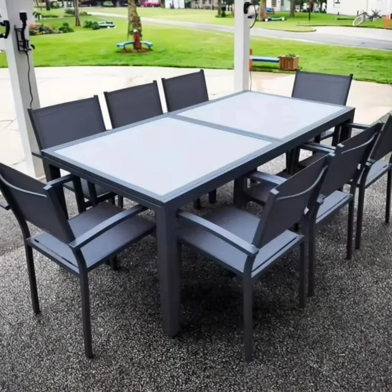 Outdoor Aluminum Garden Table and Chair Furniture Large Extendable Glass Dining Table and Chairs