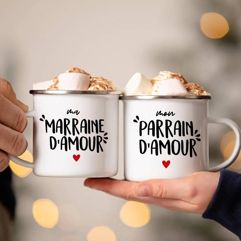 Meilleur parrain et marraine du monde tasses en émail imprimé français frère soeur amis cadeaux boisson lait tasse à café tasse de Camping