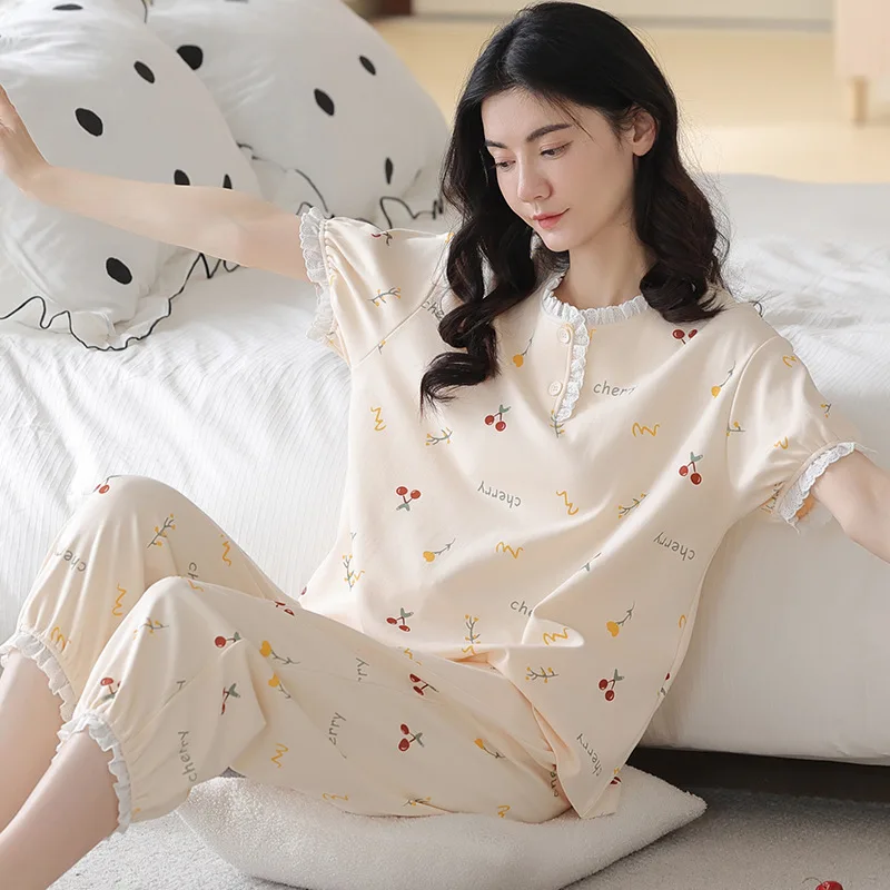 Spring And Summer Women\'s Pajamas Short Sleeve Capri Pants Girls Vintage Home Clothes Cotton Loose Casual Suit Summer