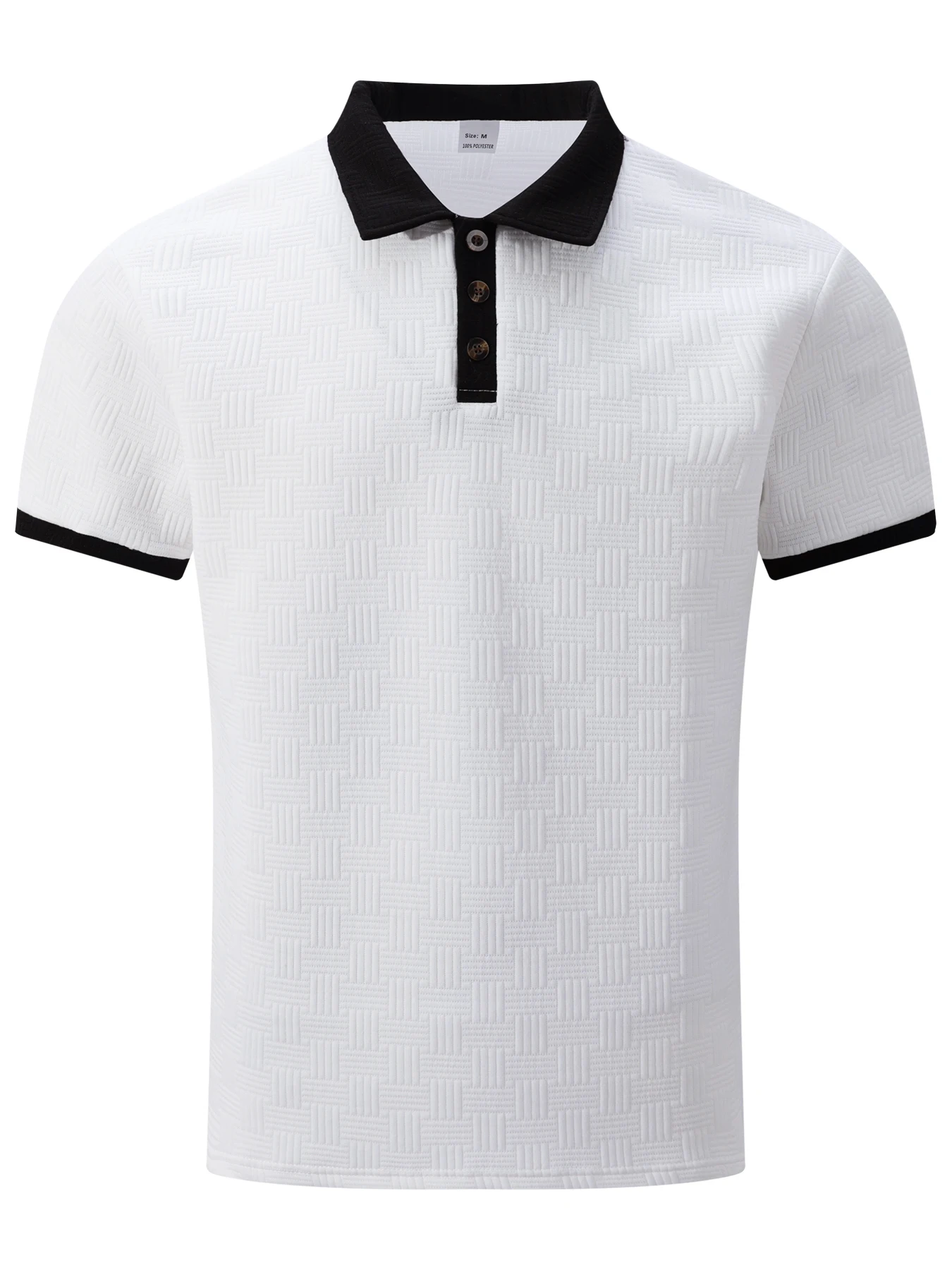 Men's Contrast Collar Short Sleeve Polo Shirt, Jacquard Textured Knit Tops, 3‑Button Placket Casual Summer Slim Fit Tees for Men