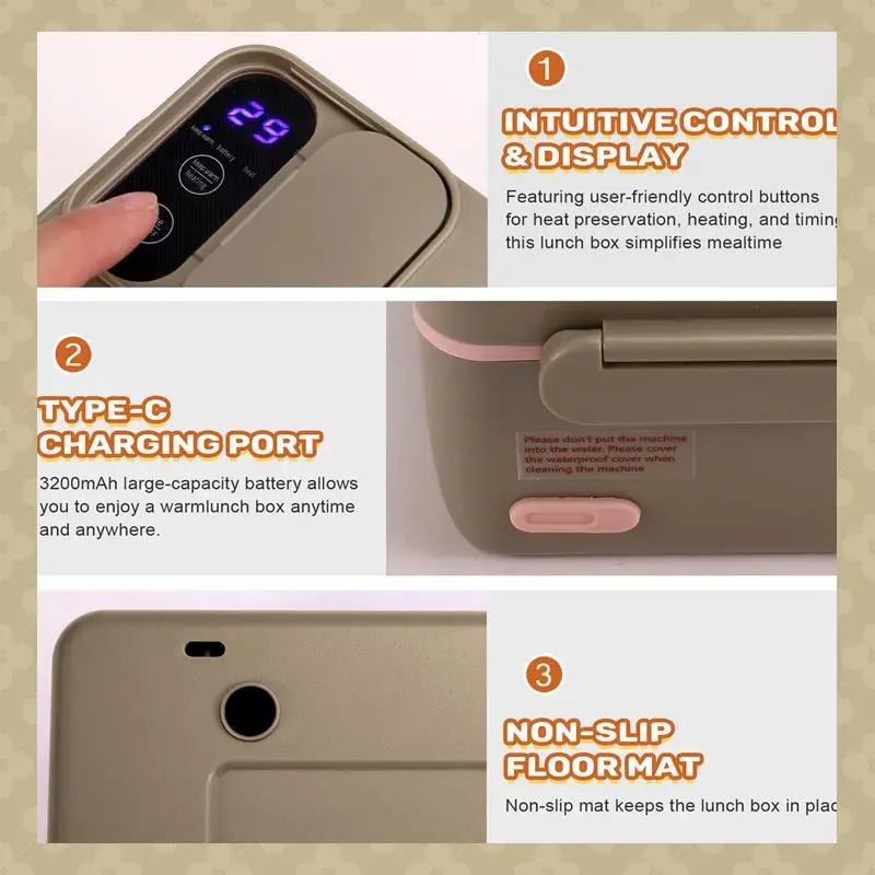 

AB45 Heated Lunch Box Electric Lunch Box Self Heating Lunch Box Cordless Rechargeable 304 Food-Grade Stainless Steel 1L B