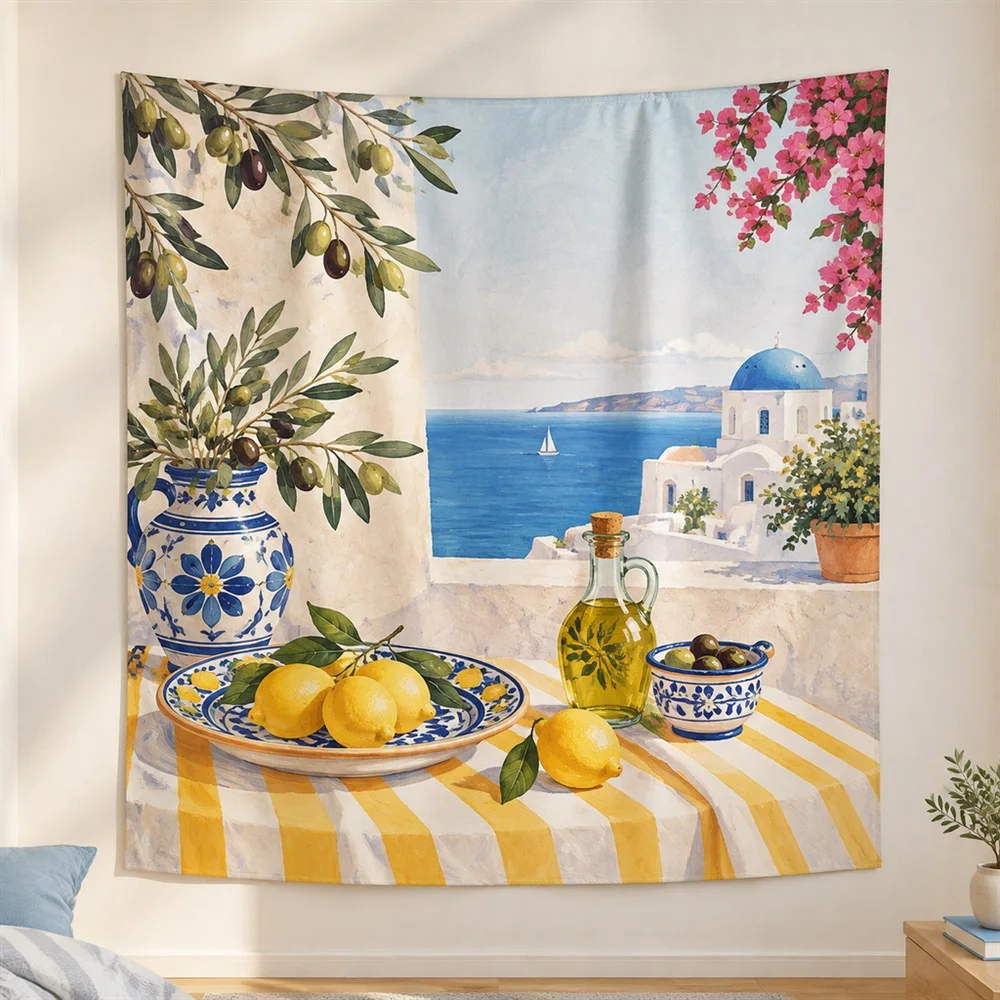 VIKAMA Mediterranean Table Clustered Groups Tapestry Wall Hanging, Mediterranean Wall Decor Tapestries for Living Room Bedroom