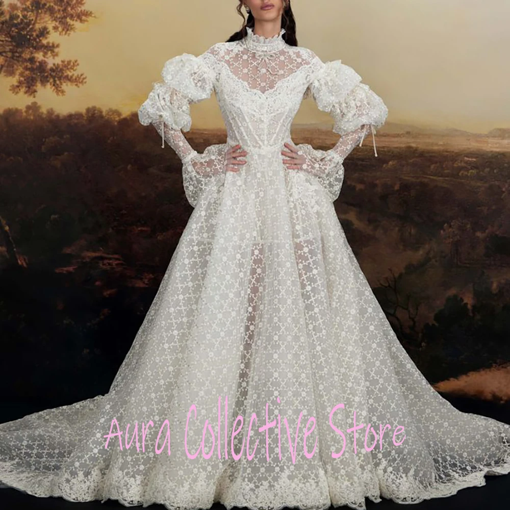 ريترو الملكي الأميرة ثوب الزفاف مع قطار طويل أنيق شير الدانتيل والتطريز فستان الزفاف خمر نفخة الأكمام حزب اللباس