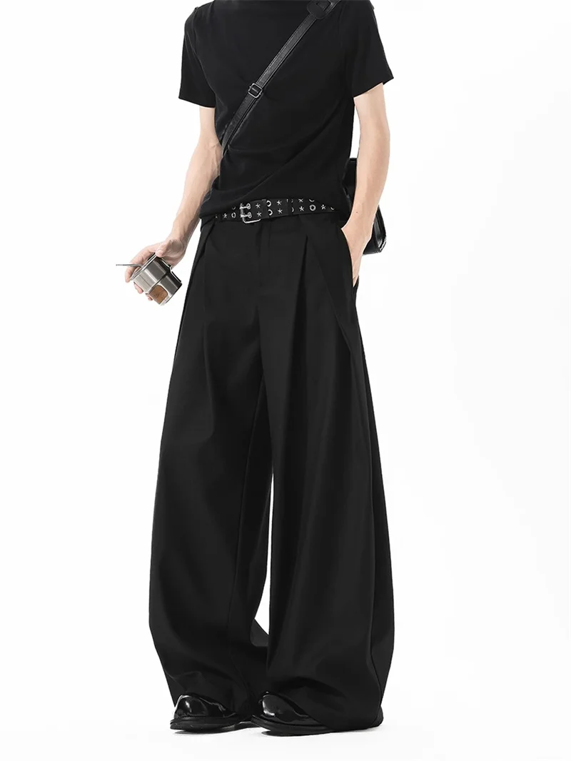 

Черные мужские брюки с высокой талией и широкими штанинами, американский костюм, брюки с драпировкой, элитные брюки-ножи, осенние тяжелые модные брюки