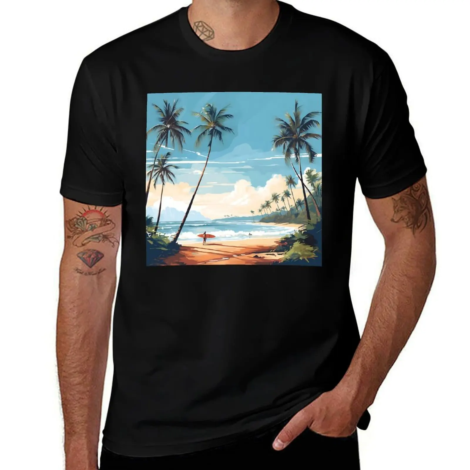

Sun-kissed tropical beach with palm trees and surfer – pure paradise vibes. T-Shirt anime mens big and tall t shirts