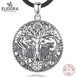 Eudora 925 Sterling Silver Viking Raven Wolf Necklace for Women Man Compass Tree of Life Amulet Pendant Personality Jewelry Gift