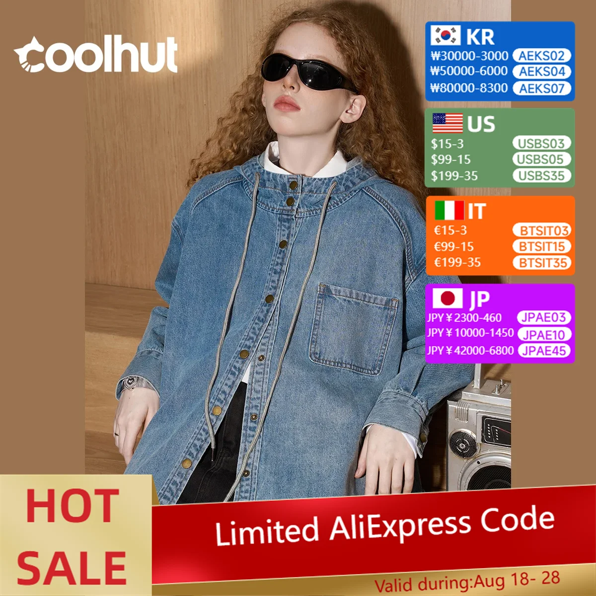 

COOLHUT Design 2025 Women's Spring Hooded Button Front Distressed Denim Jacket Oversized Washed Coat Drawstring Waist Mid-Length