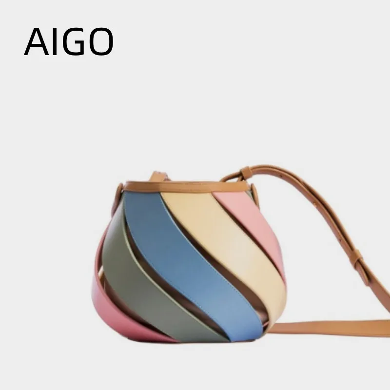 AIGO Circular Handbag Spring Summer 2024 New Source Small Designer Luxury Drawstring Shoulder Padchwork Women Bags Brands Hobos