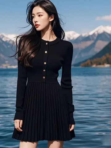블랙 니트 랩 허리 슬림 디자인 가을 겨울 여성 드레스 싱글 버튼 플리츠 숏 스커트 한국 스타일 긴 소매