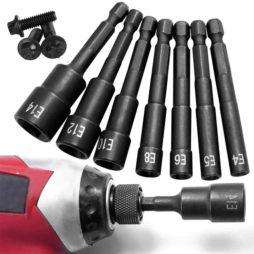 7Pcs Impact Drill Bit Socket Power Nut Driver Drill Bit Set 1/4” Hex Socket Adapter Bolt Drivers Repairing Tool Kit CR‑V E4-E14