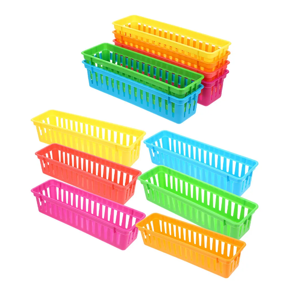Plastic Pencil Baskets 12 Pack Colorful Classroom Storage Trays Crayon Holders Desk Organizers for Students