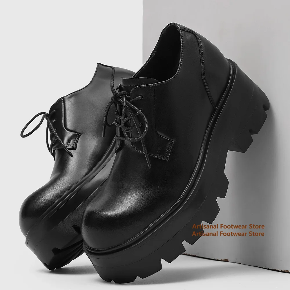 

10Cm Thick Sole Height Increasing Derby Shoes for Men British Style Round Toe Leather Shoes Big Round Toe Trendy Men's Shoes