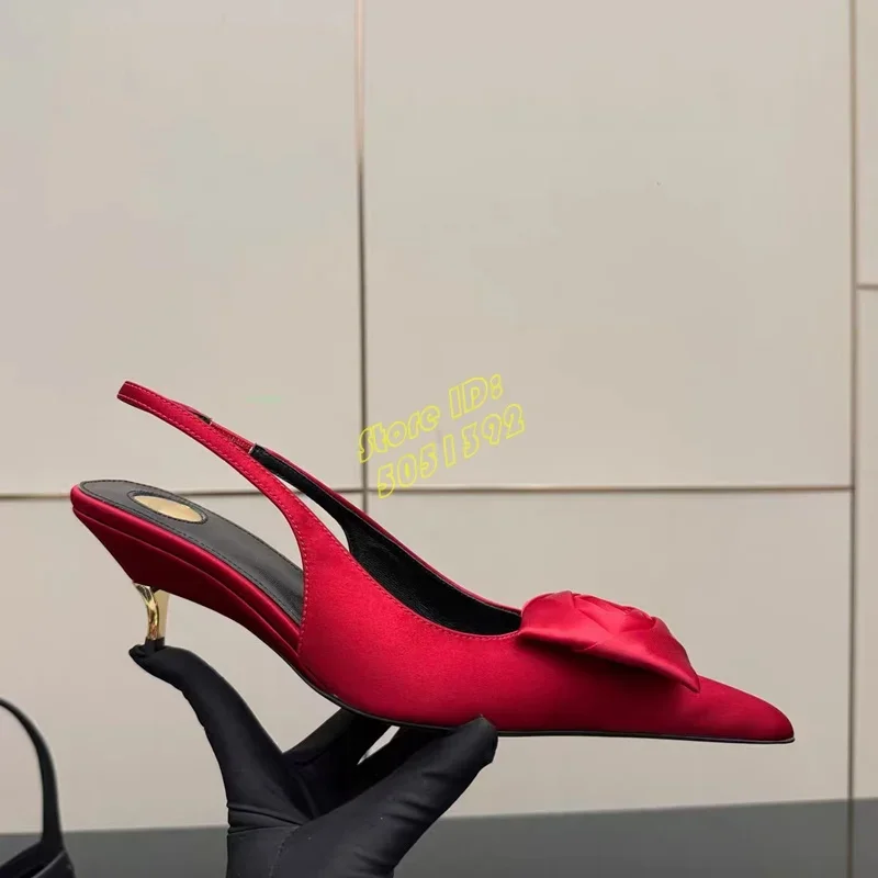 Kitten Heel Satin Women Pumps Sexy Pointy Toe Flower Decor Slingback Runway 2026 Spring Women Dress Shoes Shallow Slip On Shoes