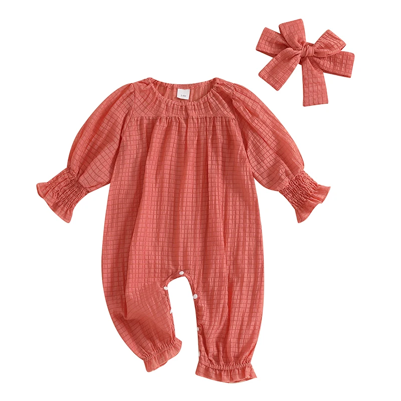 

Baby Girl 2Pcs Fall Outfits Long Puff Sleeve Round Neck Plaid Print Jumpsuit with Headband Set Newborn Clothes