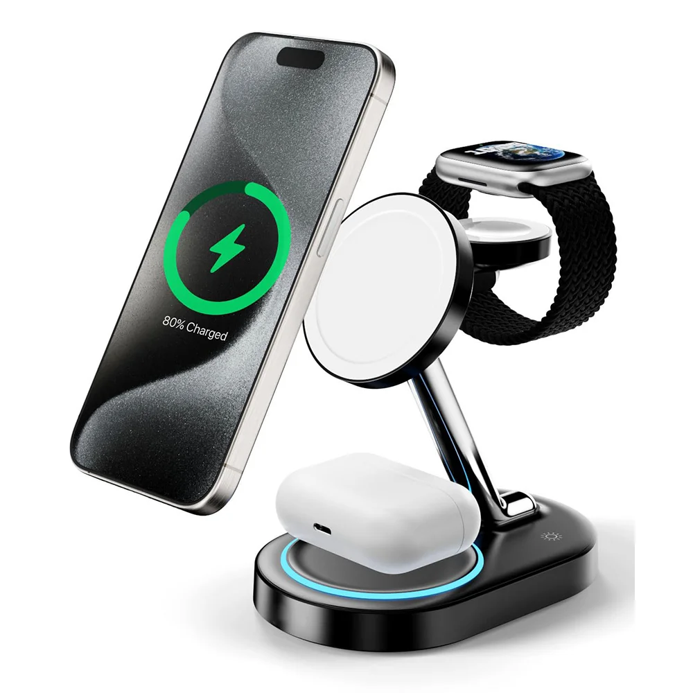 

Магнитная беспроводная зарядная станция 3-в-1 для iPhone 17, 16, 15, 14, 13 Pro Max, Apple Watch 9, 8, 7, AirPods с индукционной быстрой зарядкой USB