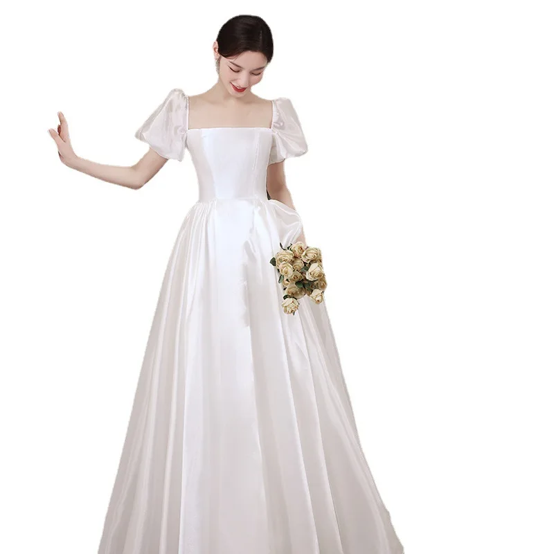 

Fresh Vintage Square Neck Back Lace Up Satin Long Wedding Dress With Short Sleeves